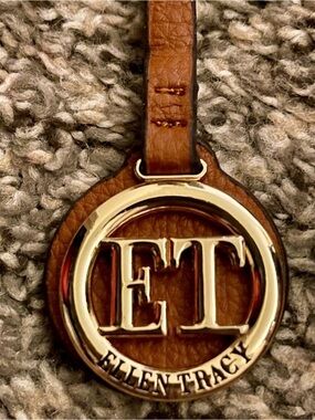 Ellen Tracy Brown Leather ET Logo Keychain with Gold Ring